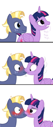 Size: 1000x2400 | Tagged: safe, artist:mightyshockwave, star tracker, twilight sparkle, twilight sparkle (alicorn), alicorn, earth pony, pony, once upon a zeppelin, accidental kiss, blushing, comic, eye contact, female, honorary incest, horse noises, kissing, looking at each other, male, mare, shipping, simple background, stallion, straight, twitracker, white background