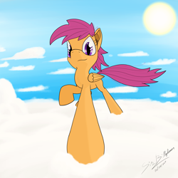 Size: 1920x1920 | Tagged: safe, artist:gamerbro360, scootaloo, pegasus, pony, cloud, female, filly, looking at you, solo