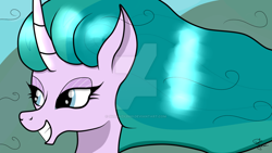 Size: 1024x576 | Tagged: safe, artist:susanzx2000, mistmane, pony, campfire tales, curved horn, female, smiling, solo, watermark