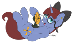 Size: 2038x1200 | Tagged: safe, artist:kundofox, oc, oc only, oc:raspberry breeze, unicorn, 2018 community collab, bow, cutie mark, derpibooru community collaboration, electric fan, fan, female, glasses, lying down, mare, on back, open mouth, piercing, simple background, solo, transparent background