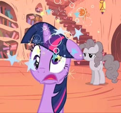 Size: 1234x1151 | Tagged: safe, screencap, pinkie pie, twilight sparkle, earth pony, pony, unicorn, the return of harmony, circling stars, concussion, derp, discorded, dizzy, female, frown, golden oaks library, mare, meanie pie