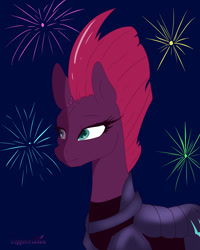 Size: 1024x1280 | Tagged: safe, artist:coffeevixxen, fizzlepop berrytwist, tempest shadow, pony, unicorn, my little pony: the movie, armor, broken horn, female, fireworks, mare, night, solo