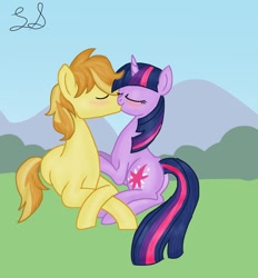 Size: 1024x1102 | Tagged: safe, artist:some-pegasister, braeburn, twilight sparkle, earth pony, pony, unicorn, blushing, female, kissing, male, request, shipping, straight, twiburn