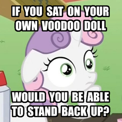 Size: 500x500 | Tagged: safe, sweetie belle, pony, unicorn, exploitable meme, female, filly, horn, image macro, meme, obligatory pony, solo, sudden clarity sweetie belle, text, two toned mane, voodoo doll, white coat, wide eyes