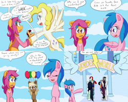 Size: 2000x1600 | Tagged: safe, artist:jake heritagu, firefly, scootaloo, surprise, oc, oc:sandy hooves, pony, comic:ask motherly scootaloo, balloon, cloudsdale, comic, hairpin, motherly scootaloo, sweatshirt, theme park