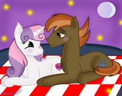 Size: 952x755 | Tagged: safe, artist:plami55, button mash, sweetie belle, earth pony, pony, unicorn, cutie mark, female, filly, male, moon, picnic blanket, prone, shipping, straight, sweetiemash, the cmc's cutie marks