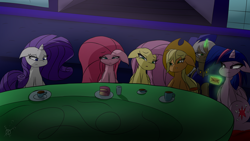 Size: 2560x1440 | Tagged: safe, artist:the4thhomunculus, applejack, fluttershy, pinkie pie, rarity, twilight sparkle, twilight sparkle (alicorn), oc, alicorn, earth pony, pegasus, pony, unicorn, cake, female, food, magic, mare, sad, table, telekinesis