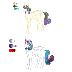 Size: 894x894 | Tagged: safe, artist:owocrystalcatowo, oc, oc only, oc:shy heart, oc:sweet heart, alicorn, pony, cousins, curved horn, female, mare, parent:king sombra, parent:oc:crystal heart, parent:pound cake, parent:princess flurry heart, parents:poundflurry, reference sheet