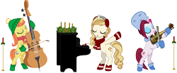 Size: 5126x2141 | Tagged: safe, artist:ironm17, cayenne, citrus blush, sweet biscuit, pony, unicorn, advent wreath, beanie, bipedal, boots, candle, cello, christmas, clothes, earmuffs, female, group, hat, holiday, mare, musical instrument, piano, scarf, shoes, simple background, singing, transparent background, trio, vector, violin, winter outfit