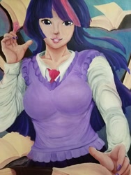 Size: 600x800 | Tagged: safe, artist:kenishra, twilight sparkle, human, book, breasts, clothes, female, humanized, looking at you, smiling, solo, traditional art