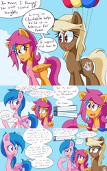 Size: 2000x3200 | Tagged: safe, artist:jake heritagu, firefly, scootaloo, oc, oc:sandy hooves, pony, comic:ask motherly scootaloo, ask, balloon, cloudsdale, comic, hairpin, motherly scootaloo, sweatshirt