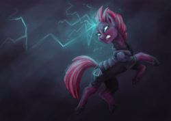 Size: 3508x2480 | Tagged: safe, artist:cvanilda, tempest shadow, pony, unicorn, my little pony: the movie, armor, broken horn, dark background, eye scar, gritted teeth, magic, rearing, scar, solo, sparking horn