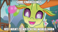 Size: 894x500 | Tagged: safe, edit, edited screencap, screencap, thorax, changedling, changeling, triple threat, balloon, caption, ceremonial dragon fire flame of friendship, discovery family logo, fire, image macro, king thorax, meme