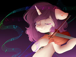 Size: 1600x1200 | Tagged: safe, artist:shiromidorii, oc, oc only, oc:hazel, pony, unicorn, crying, female, mare, music notes, solo, violin