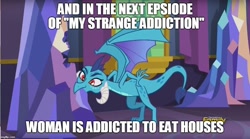 Size: 898x500 | Tagged: safe, princess ember, dragon, triple threat, eating, grammar error, image macro, meme