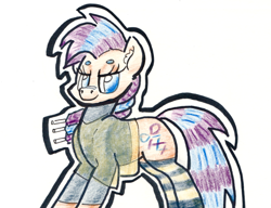Size: 796x611 | Tagged: safe, artist:shoeunit, oc, oc only, oc:shoelace, earth pony, pony, clothes, colored pencil drawing, female, mare, socks, solo, striped socks, traditional art