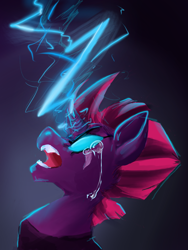 Size: 1536x2048 | Tagged: safe, artist:adogwithablog, tempest shadow, pony, unicorn, my little pony: the movie, angry, broken horn, crying, female, glowing eyes, lightning, mare, solo