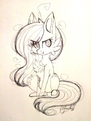 Size: 1560x2080 | Tagged: safe, artist:ohsushime, oc, oc:clarisse, earth pony, pony, chibi, female, mare, monochrome, sitting, solo, traditional art