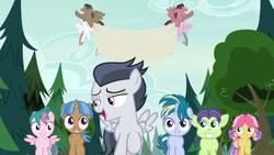 Size: 1280x720 | Tagged: safe, edit, edited screencap, screencap, kettle corn, mocha berry, rumble, skeedaddle, tulip swirl, pegasus, pony, marks and recreation, blank, blank flanks forever, colt, equal town banner, equal town banner meme, forest, male, meme