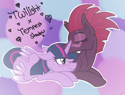 Size: 1797x1371 | Tagged: safe, artist:blueskysilversong, fizzlepop berrytwist, tempest shadow, twilight sparkle, twilight sparkle (alicorn), alicorn, pony, my little pony: the movie, blushing, eye scar, female, lesbian, scar, scar on the wrong side, shipping, tempestlight