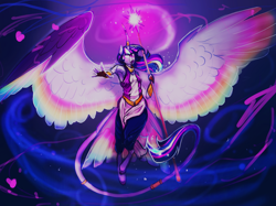 Size: 1552x1160 | Tagged: safe, artist:turnipberry, twilight sparkle, twilight sparkle (alicorn), alicorn, anthro, classical unicorn, unguligrade anthro, armpits, badass, cloven hooves, curved horn, demigod, female, flying, goddess au, horn ring, impossibly large wings, large wings, leonine tail, magic, mare, outstretched arm, rainbow power, robes, solo, staff, tail ring, white eyes, wings