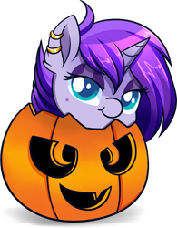 Size: 1457x1871 | Tagged: safe, artist:xwhitedreamsx, oc, oc only, oc:bottom out, pony, unicorn, ear piercing, earring, halloween, holiday, jack-o-lantern, jewelry, male, piercing, pumpkin, simple background, transparent background, trap, ych result