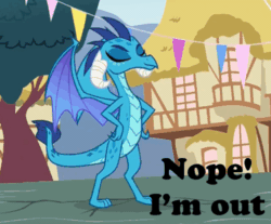 Size: 377x312 | Tagged: safe, edit, edited screencap, screencap, princess ember, dragon, triple threat, abandon thread, animated, flying, gif, house, i'm out, nope, reaction image, reversed, sky, tree