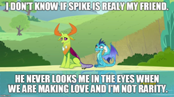 Size: 888x499 | Tagged: safe, edit, edited screencap, screencap, princess ember, spike, thorax, changedling, changeling, dragon, triple threat, caption, female, gay, implied rarity, implied sex, implied spike, king thorax, male, meme, shipping, thoraxspike