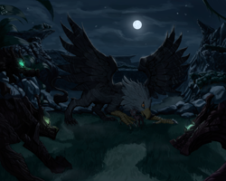 Size: 3000x2400 | Tagged: safe, artist:nsilverdraws, oc, oc only, oc:damascus steel, oc:muffin, griffon, timber wolf, awesome, cloud, detailed, detailed background, epic, fighting stance, full moon, glowing eyes, grass, majestic, male, miniponi, moon, night, protecting