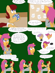 Size: 2400x3200 | Tagged: safe, artist:jake heritagu, scootaloo, oc, oc:lightning blitz, pegasus, pony, comic:ask motherly scootaloo, alternate timeline, baby, baby pony, blocks, boop, chewing, colt, comic, dialogue, duo, eating, female, hairpin, holding a pony, male, mother and child, mother and son, motherly scootaloo, mouth hold, multiverse, noseboop, notes, offspring, older, older scootaloo, parent and child, parent:rain catcher, parent:scootaloo, parents:catcherloo, pinboard, speech bubble, sweatshirt, toy