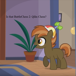 Size: 625x625 | Tagged: safe, artist:jan, edit, button mash, battle chess, beanie, button's adventures, cropped, happy, hat, text, that pony sure does love computer games, xiangqi