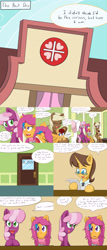 Size: 2400x5600 | Tagged: safe, artist:jake heritagu, cheerilee, doctor horse, doctor stable, nurse redheart, scootaloo, oc, oc:lightning blitz, oc:sandy hooves, earth pony, pegasus, pony, comic:ask motherly scootaloo, baby, baby pony, clothes, colt, comic, doctor's office, female, hairpin, half-siblings, holding a pony, hospital, male, mare, motherly scootaloo, offspring, older, older scootaloo, paper, parent:rain catcher, parent:scootaloo, parents:catcherloo, scarf, sisters, sweatshirt