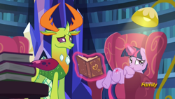 Size: 1920x1080 | Tagged: safe, screencap, thorax, twilight sparkle, twilight sparkle (alicorn), alicorn, changedling, changeling, triple threat, awkward, book, chair, context is for the weak, glowing horn, king thorax, lamp, levitation, library, lying, magic, out of context, telekinesis, that pony sure does love chairs, twilight's castle
