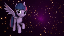 Size: 800x450 | Tagged: safe, artist:dirtyker, twilight sparkle, twilight sparkle (alicorn), alicorn, pony, 3d, female, looking at you, mare, solo, space, spread wings, wings