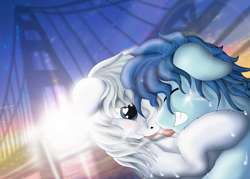 Size: 2100x1500 | Tagged: safe, artist:manifest harmony, double diamond, party favor, fanfic:clocktower society, bridge, gay, heart eyes, hug, love, male, partydiamond, romantic, shipping, wet, wet mane, wingding eyes