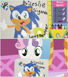 Size: 1024x1162 | Tagged: safe, artist:laurytheotter, sweetie belle, pony, coloring with sweetie belle, crossover, exploitable meme, meme, mouth hold, sonic the hedgehog, sonic the hedgehog (series)