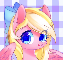 Size: 1150x1100 | Tagged: safe, artist:leafywind, oc, oc only, oc:bay breeze, pegasus, pony, abstract background, bow, eye clipping through hair, eyebrows visible through hair, female, hair bow, looking at you, mare, patterned background, smiling, smiling at you, solo, wingding eyes