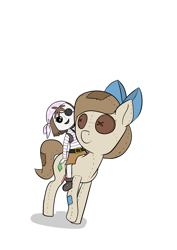 Size: 2000x2828 | Tagged: safe, artist:happy harvey, oc, oc only, oc:raggie, oc:yarsi, hagwarders, original species, pony, bandana, belt, boots, bow, carrying, clothes, colored, cute, doll, doll pony, drawn on phone, eyepatch, hair bow, horsebackriding, living object, looking at each other, non-mlp oc, patch, pirate, plush pony, plushie, riding, shadow, shirt, shoes, shorts, simple background, smiling, toy, vest, walking, white background