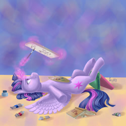 Size: 1000x1000 | Tagged: safe, artist:theorderofalisikus, twilight sparkle, twilight sparkle (alicorn), alicorn, pony, book, bored, female, implied lesbian, implied shipping, implied twidash, magic, mare, on back, painting, palette, solo, telekinesis