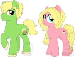 Size: 924x700 | Tagged: safe, alternate version, artist:tambelon, oc, oc only, oc:hard cider, oc:pink lady, earth pony, pony, brother and sister, duo, female, magical lesbian spawn, male, mare, offspring, parent:applejack, parent:rainbow dash, parents:appledash, siblings, simple background, stallion, transparent background, unshorn fetlocks, watermark