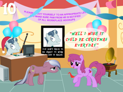 Size: 1024x768 | Tagged: safe, artist:bronybyexception, berry punch, berryshine, elbow grease, paradise (crystal pony), party favor, crystal pony, pony, advent calendar, balloon, computer, computer mouse, drunk, exploitable meme, female, go home you're drunk, gun, i didn't listen, image macro, keyboard, male, mare, meme, office party, phonograph, shotgun, stallion, sugarcube corner, the office, this will end in tears, weapon