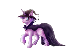 Size: 3358x2500 | Tagged: safe, alternate version, artist:artoffel-kartoffel, oc, oc only, oc:quartz horn, crystal pony, spider, unicorn, cape, clothes, female, filly, hat, nightmare night, simple background, solo, tongue out, transparent background, witch, witch hat