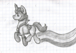 Size: 1277x905 | Tagged: safe, artist:moonlightfan, unicorn, graph paper, helmet, lined paper, monochrome, pencil drawing, simple background, solo, space unicorn, traditional art