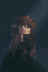 Size: 2193x3327 | Tagged: safe, artist:orfartina, oc, oc only, oc:orfartina, pony, unicorn, bust, cloak, clothes, coat, female, looking up, mare, night, portrait, smiling, solo, starry night, stars