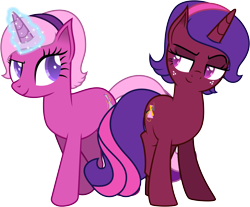 Size: 7638x6332 | Tagged: safe, artist:illumnious, oc, oc only, oc:aura midnight, oc:flares midnight, pony, unicorn, absurd resolution, female, freckles, headband, mare, simple background, smiling, transparent background, vector