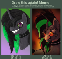 Size: 784x744 | Tagged: safe, artist:overlord pony, oc, oc only, oc:brokenbones, pony, unicorn, collar, curved horn, draw this again, female, glasses, progress, solo