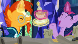 Size: 1366x768 | Tagged: safe, screencap, sunburst, twilight sparkle, twilight sparkle (alicorn), alicorn, pony, uncommon bond, antique, cup, duo, eyes closed, female, glowing horn, magic, male, mare, open mouth, stallion, teacup, telekinesis, that pony sure does love antiques