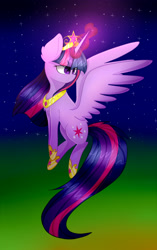 Size: 2000x3190 | Tagged: safe, artist:creadorachan, twilight sparkle, twilight sparkle (alicorn), alicorn, pony, big crown thingy, female, high res, jewelry, magic, mare, night, regalia, solo, spread wings, wings