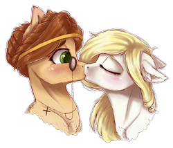 Size: 4346x3716 | Tagged: safe, artist:gaelledragons, oc, oc only, oc:lacewing, oc:runic scrawl, earth pony, pony, absurd resolution, blushing, bust, ear fluff, eyes closed, female, floppy ears, fluffy, kissing, lesbian, monocle, oc x oc, shipping, simple background, speedpaint available, transparent background