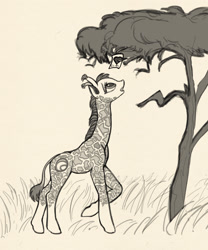 Size: 1704x2051 | Tagged: safe, artist:lunebat, oc, oc only, giraffe, female, love letter, monochrome, raised hoof, sketch, solo, tree, unnamed oc